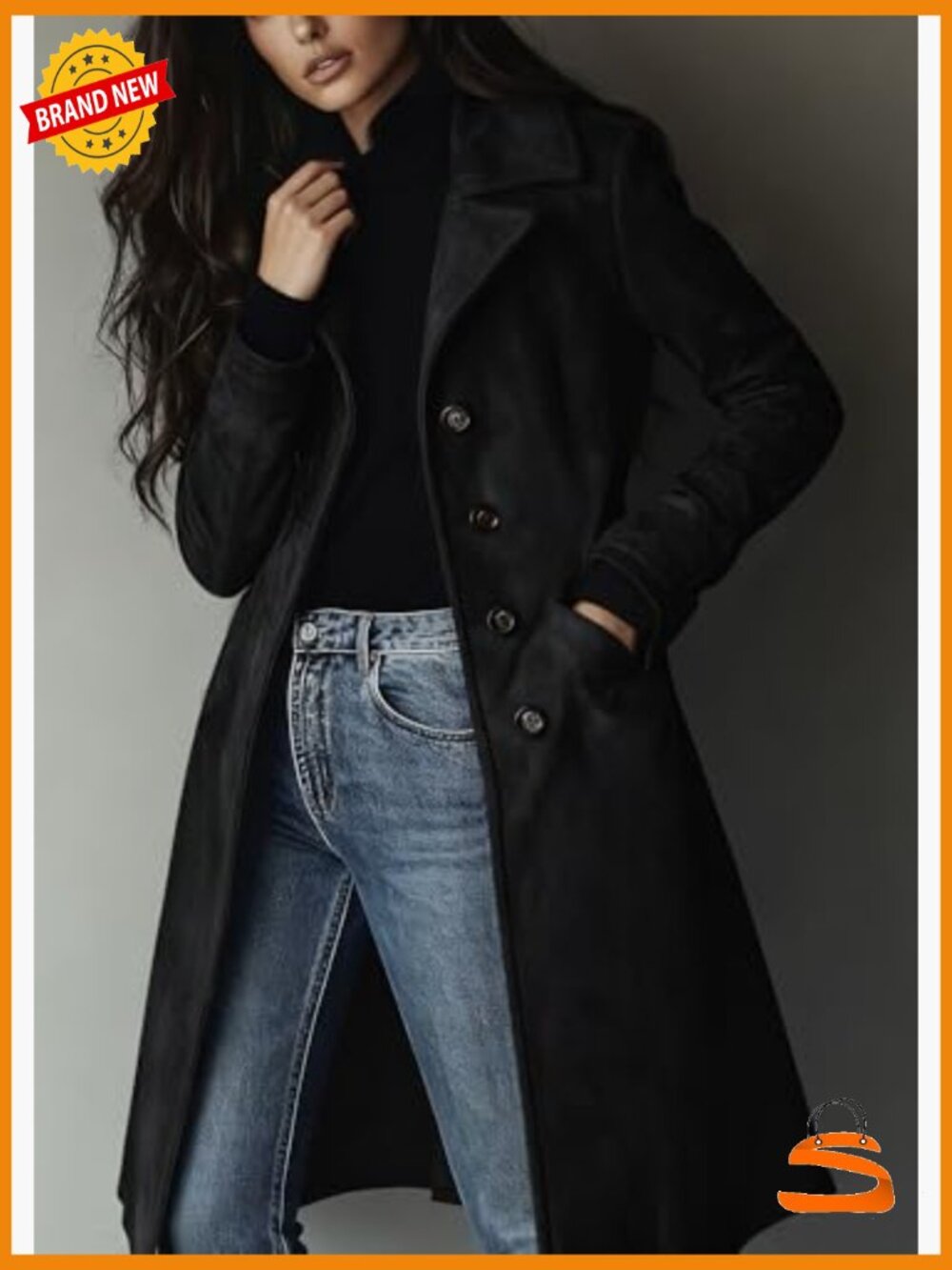 Faux Suede Trench Coat Long Sleeve Notch Lapel Overcoat with Pockets - Picture 2 of 7